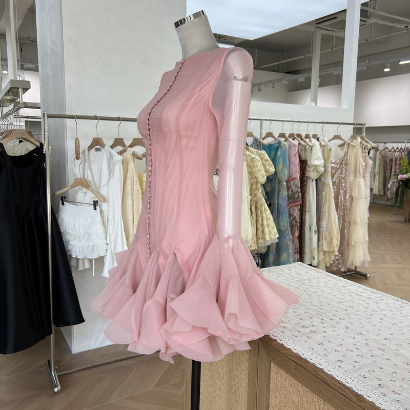 Damenbekleidung Nische Flower Fairy Bud Buttoned Slim Dress Sweet Salt Einzigartiges Design Einfarbig Kurz_voghion.com