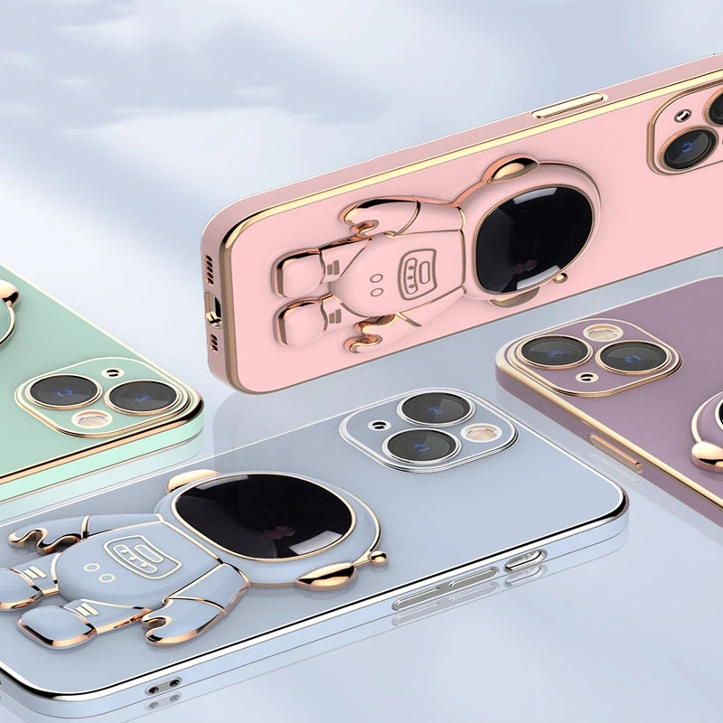 3D Astronaut Folding Stand Soft Phone Case For iPhone 14 13 12 11 Pro Max XR XS 7 8 Plus SE 2022 Plating ShockProof Case Cover_voghion.com