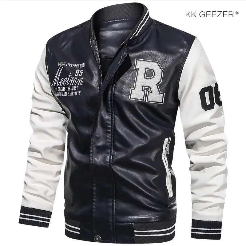 Mens Biker Jacket - Leather Flight Bomber Jacket, Black Slim Fit Varsity College Style PU Motorcycle Coat_voghion.com