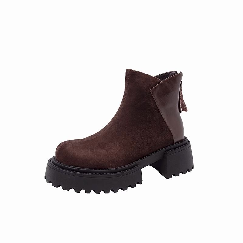 Brown Round Toe Genuine Leather Thick Sole Ankle 2024 Autumn Winter New Suede Height Increasing Versatile Chunky Heel_voghion.com