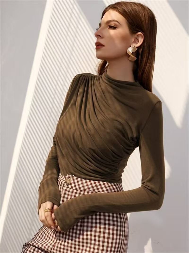 2025 Autumn And Winter New Design, Pleated Versatile Long Sleeved T-shirt, Women's Solid Color Top_voghion.com