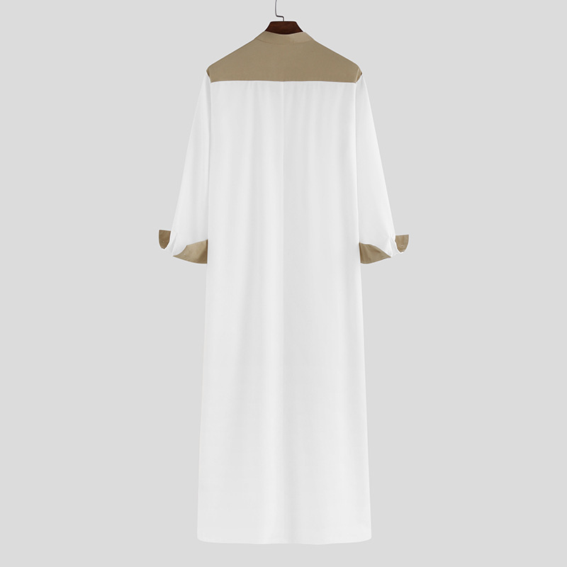 2024 Neue muslimische Robe, schlichter und lockerer Stehkragen, farbig geblockter langärmeliger Herrenoverall mit Kontrastfarben_voghion.com