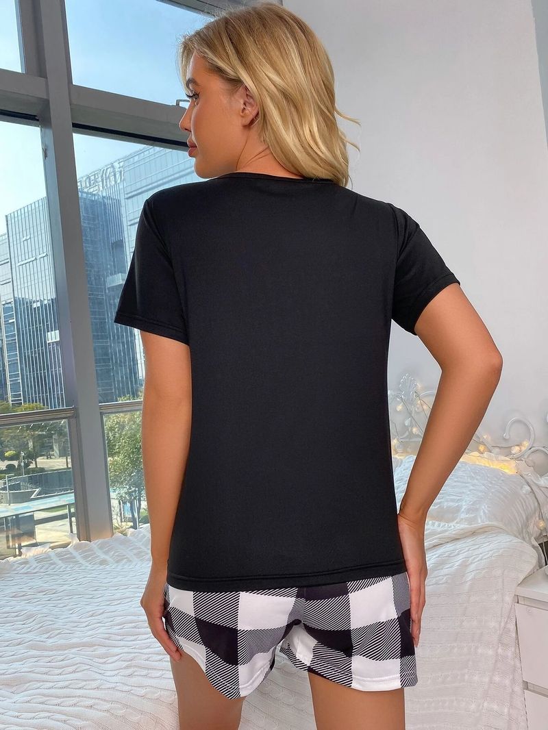 Women's Pajama Set, New Summer Models, Plaid Shorts, Round Neck Short-sleeved Top, Loungewear._voghion.com