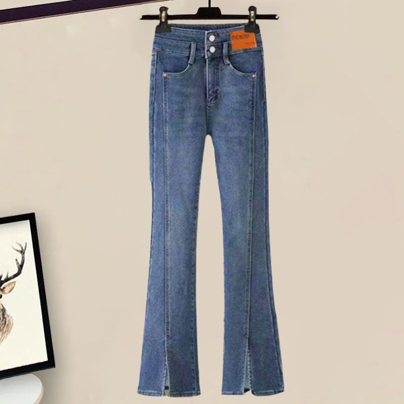 Women's Stylish Denim Set Knit Cardigan With Contrast Color Block Flared Bootcut Pants Slim Fit V-Neck Top HighSlit Bell Bottoms OfficeCasual Outfit_voghion.com