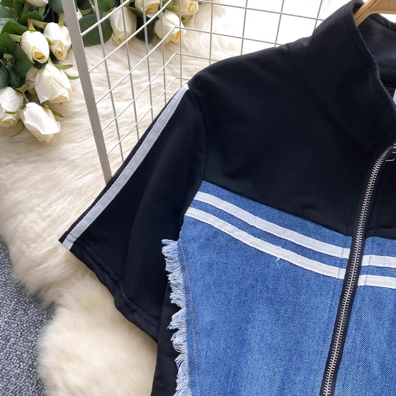 Abbigliamento da donna, completo in denim patchwork effetto used per donna, camicia a maniche corte con cerniera e collo alto + pantaloni a vita alta e gamba larga_voghion.com