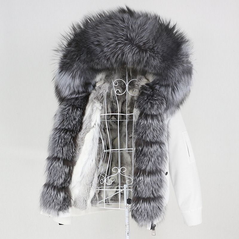 Damenbekleidung Parka im neuen Stil mit dickem Kaninchenfellfutter, abnehmbarem echtem Fuchspelz, großer Pelzkragenjacke, Pelzmantel_voghion.com