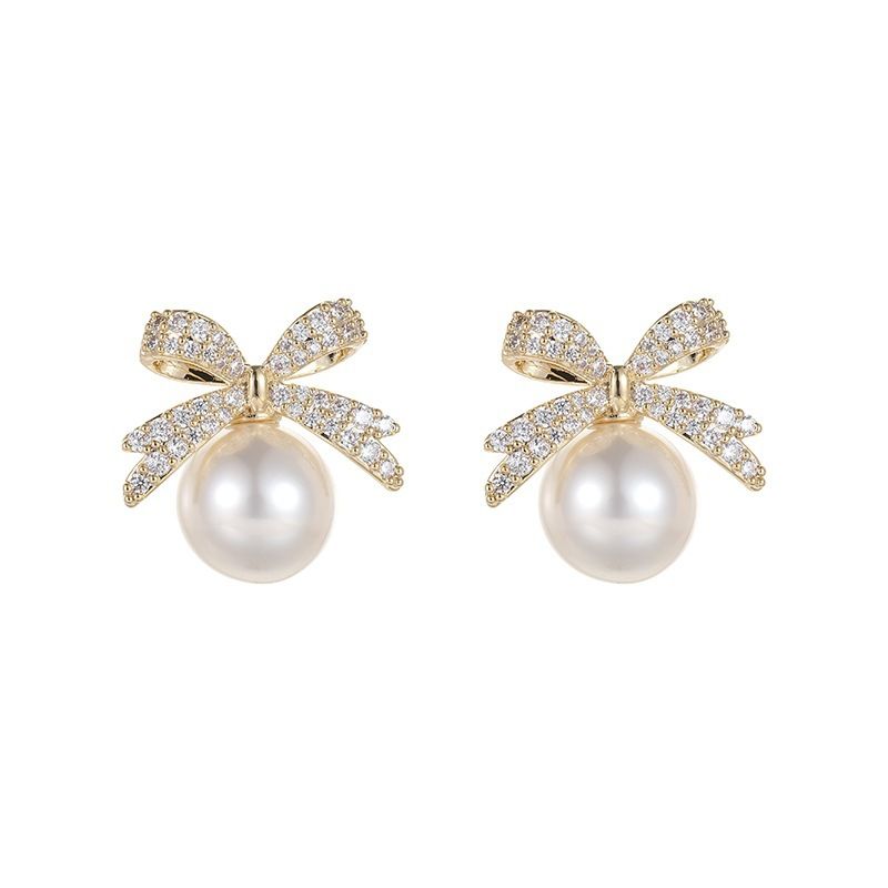 Orecchini giapponesi e coreani squisiti con fiocco di perle e diamanti, semplici e versatili, alla moda, piccoli, per donna._voghion.com