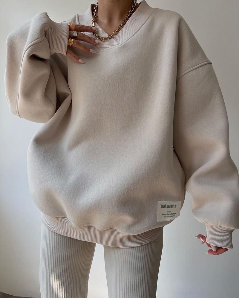 Dammen Hierscht a Wanter V-Ausschnëtt Langärmlech villsäiteg Sweatshirt fir Fraen_voghion.com