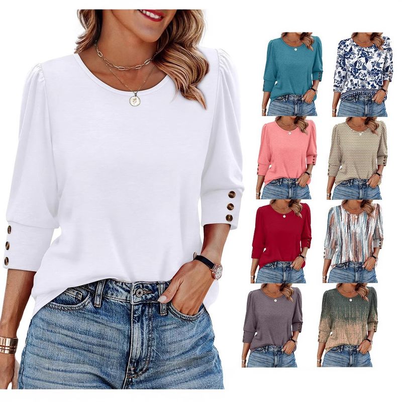 2025 Summer Solid Color Printed Temperament Seven Point Cuff Button Round Neck T-Shirt_voghion.com
