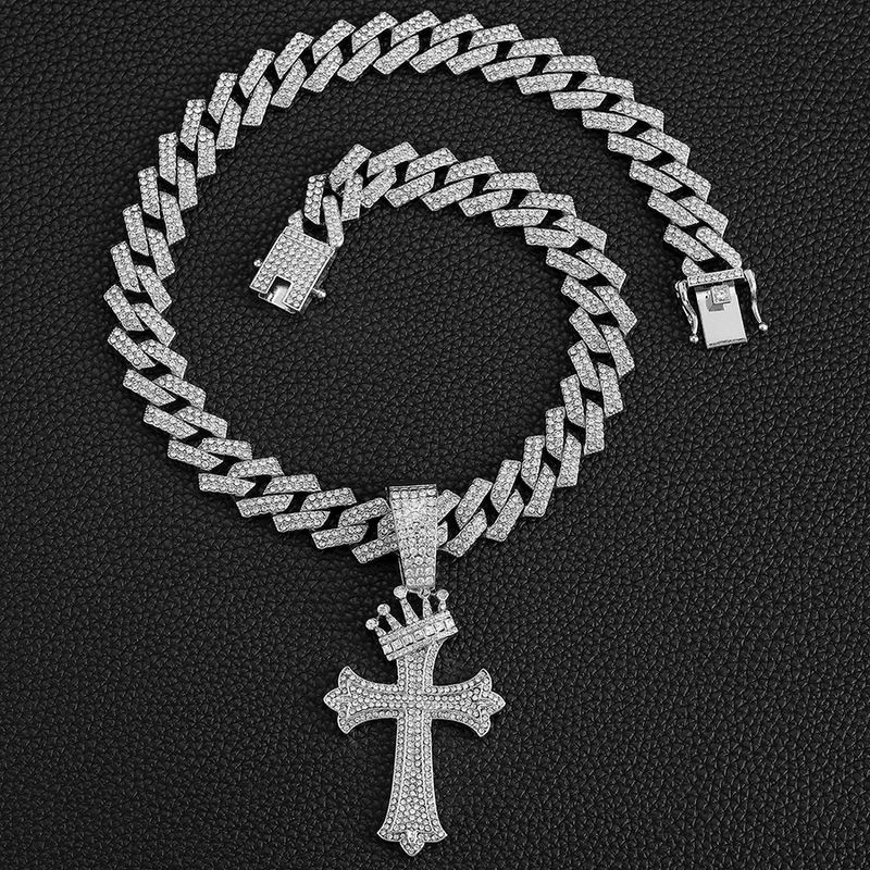 Halskette mit Kronen-Kreuz-Anhänger aus Diamanten, Diamant-Halskette aus Legierung für Männer und Frauen, kubanische Kette in Diamantform_voghion.com