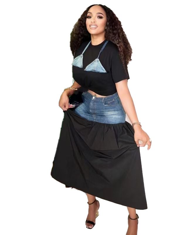 Traje de dos piezas con falda vaquera y camiseta de color contrastante para mujer_voghion.com