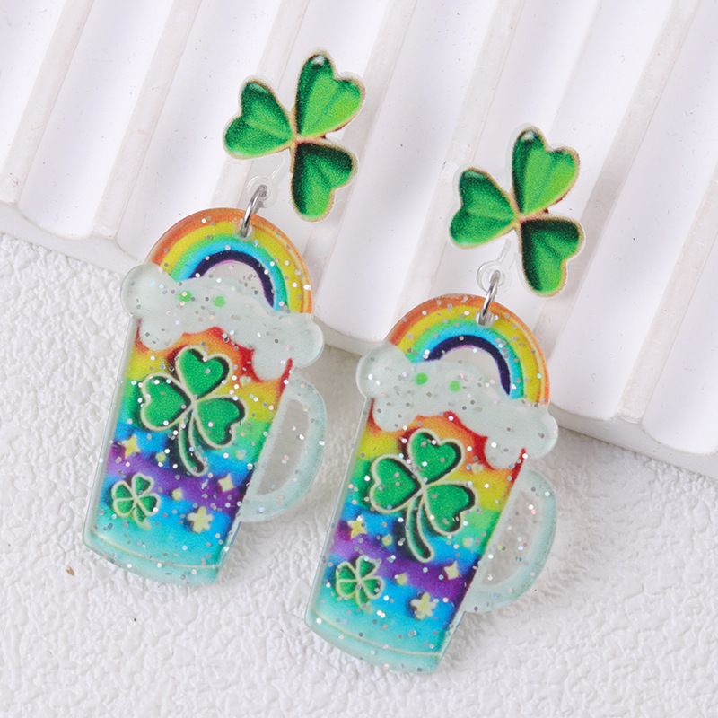 Boucles d'oreilles en verre à vin arc-en-ciel en acrylique, style créatif, pour le festival de la bière Clover_voghion.com