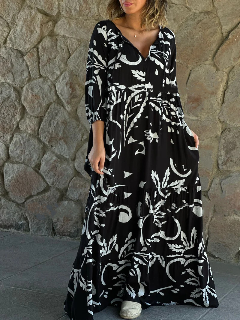 Damen Casual Plus Size Damenbekleidung Bedrucktes lockeres lässiges langes Kleid_voghion.com