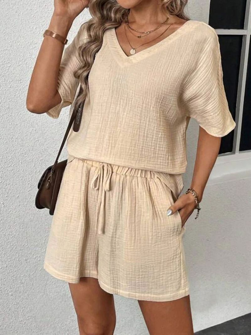 Ensemble 2 pièces décontracté pour femme, haut à manches courtes et short à col en V, nouvelle collection été_voghion.com