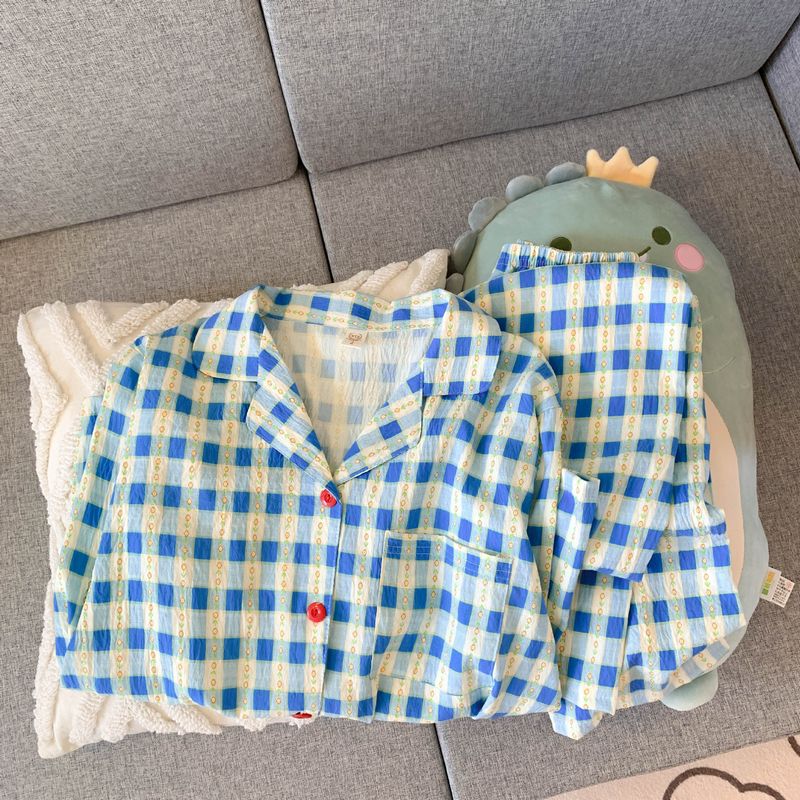 2024 Autumn/Winter New Ins Fengyun Duo Cotton Sleepwear Women's Loose Casual Cardigan Collar Button Long Sleeve Set_voghion.com