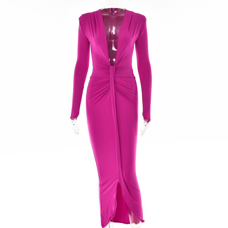 Europäische und amerikanische Ins Simple Sexy Unregelmäßiger langer Rock für Frauen Sommer Langarm-Taillenfaltenkleid_voghion.com