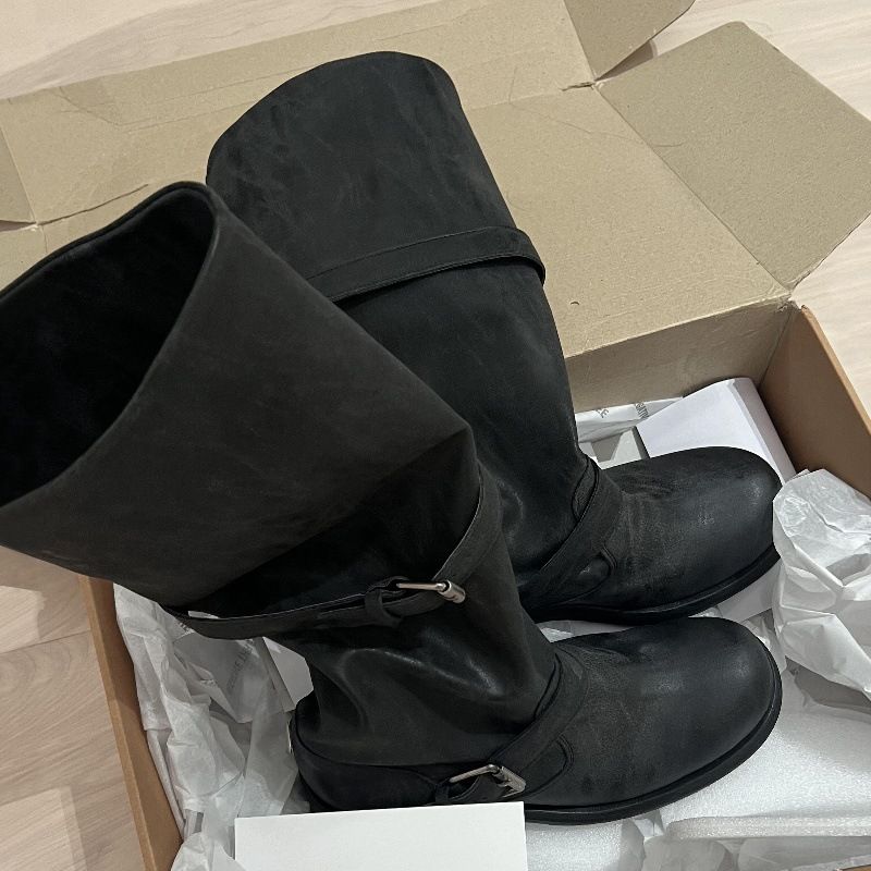Rindsleder-Version ~ Koreanischer Stil, breite Schuhe aus echtem Leder, Sohle, hoher Flor, dicker Absatz, lange Röhren-Ritterstiefel für Damen_voghion.com