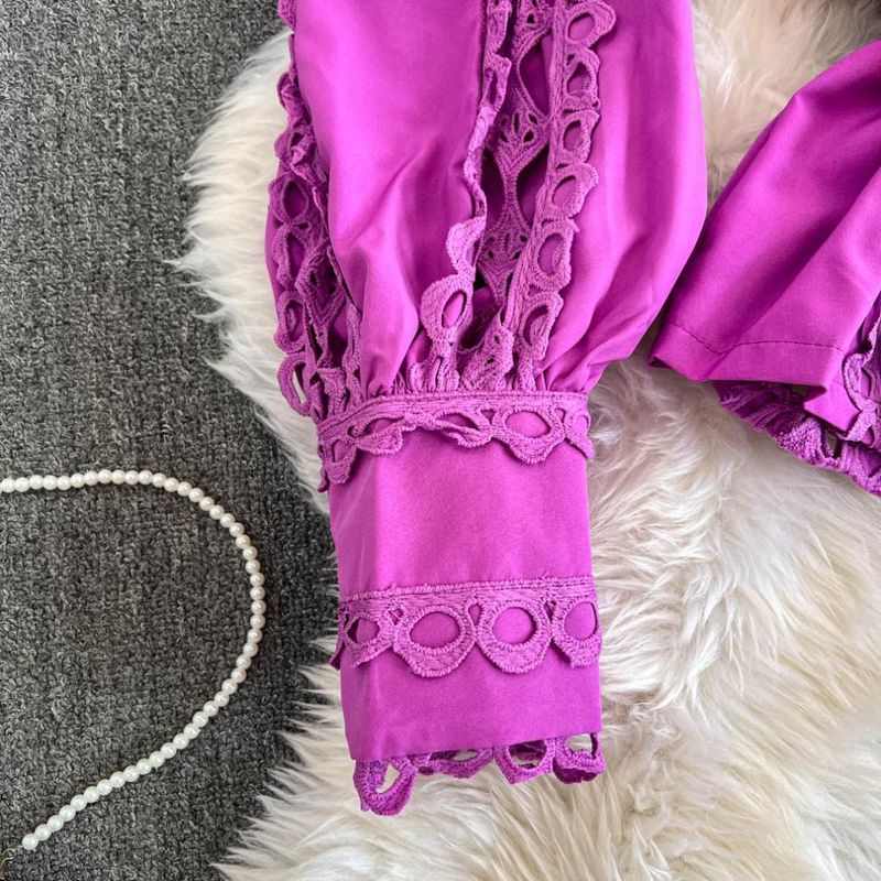 Damenbekleidung High-End-Anzug im Lady-Stil für Frauen, Spitzenhemd mit Haken und Blumenlaternenärmeln, dreiteiliger Anzug, hohe Taille, schmale Hose mit weitem Bein_voghion.com