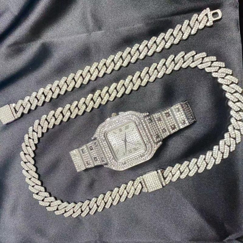 3PC Hip Hop Uhr Halskette Armband Schmuck Set für Männer Bling Gold Silber Diamant Iced Out Box Kubanische Kette relogio_voghion.com
