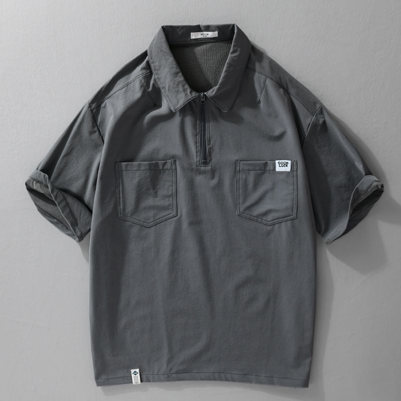 Retro Mountain Style Workwear Men's Short Sleeved Trendy Summer Quick Drying Breathable Shirt Collar With Half Zipper_voghion.com