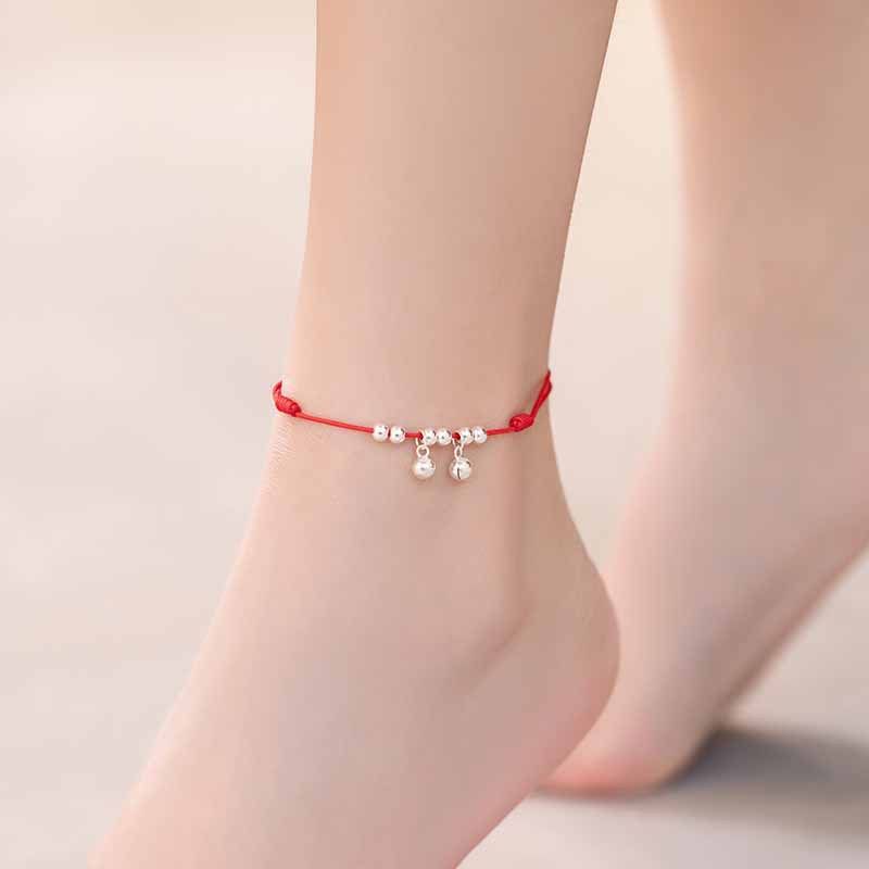 Cavigliera per donna in corda rossa con campanella e suono dell'acqua, sexy, semplice, antica, stile Mori, intrecciata a mano_voghion.com