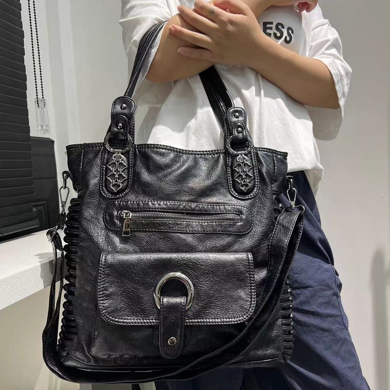 Borsa da donna alla moda, stile retrò, stile vintage, stile motociclista, grande capacità, lavata, multitasche, tracolla_voghion.com