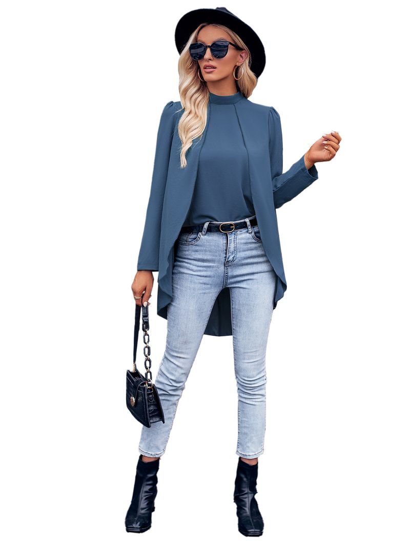 Abbigliamento da donna, camicia in due pezzi finta a maniche lunghe, tinta unita, collo semi-alto, casual, da donna_voghion.com