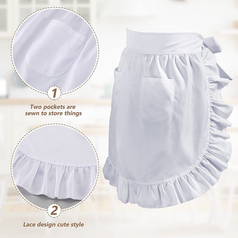 Cross-Border Ruffled Half-Waist Halloween Maid Costume Double Pocket Solid Color Pleated Apron Wholesale_voghion.com