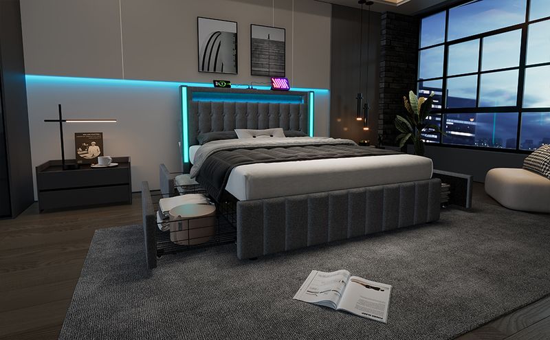 Lit double avec rangement et lattes en bois, chargement USB Type-C, éclairage LED et 4 tiroirs, gris (matelas non inclus). Lit enfant 140 x 200 cm._voghion.com