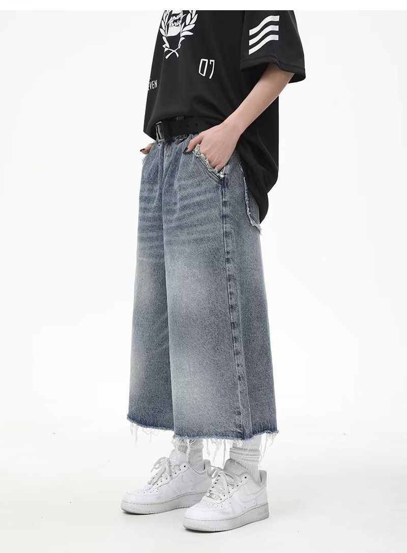 Unique Design Tassel Seven-point Denim Shorts For Men Loose Washed Fashionable Casual Versatile Straight-leg Pants_voghion.com