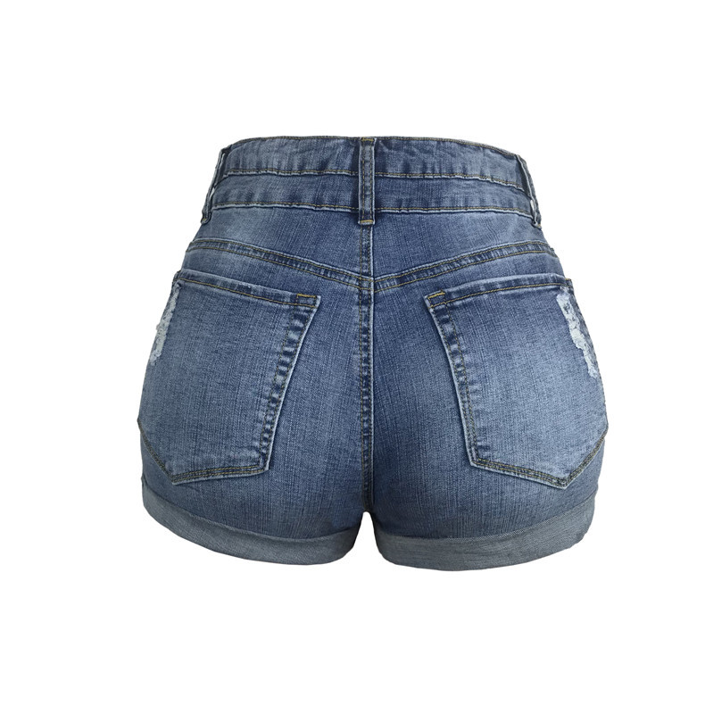 Pantaloncini in denim a vita alta da donna in stile europeo, elastici, alla moda, estivi, snellenti, con design a fori_voghion.com