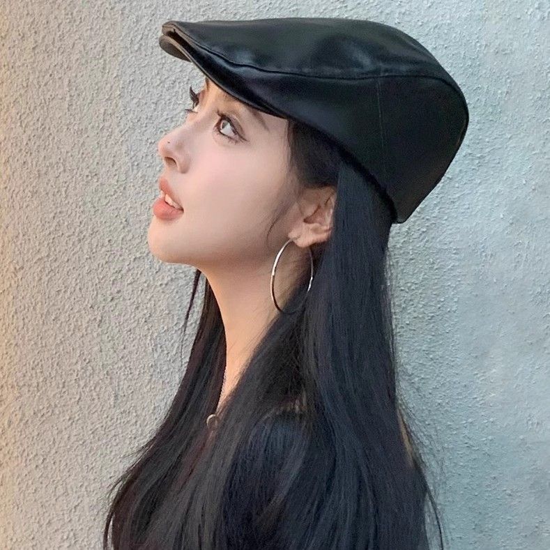 Zwarte baret voor dames 2024 Nieuwe lente- en herfstmodetrend Leren voorwaartse pet Grote hoofdomtrek Gezicht_voghion.com