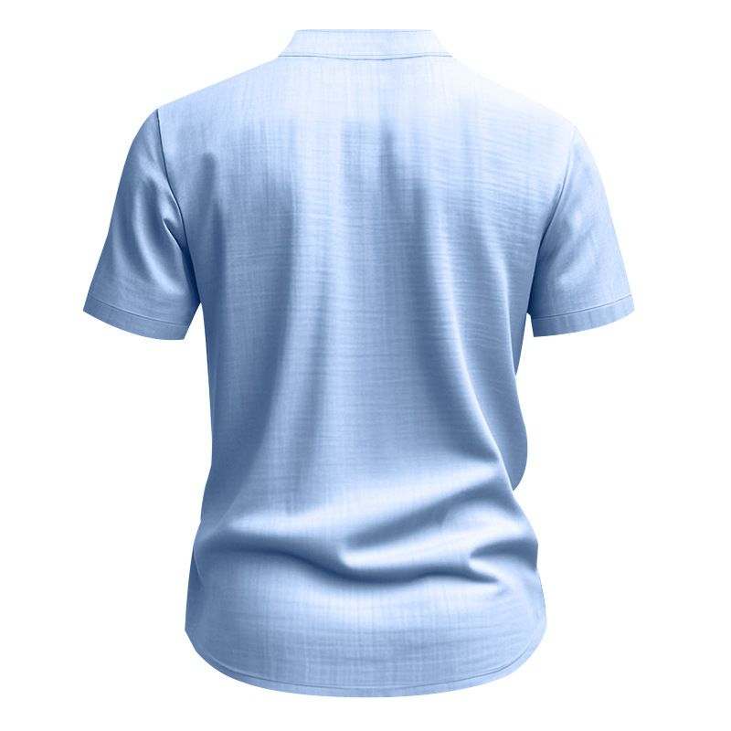 Camisa de lino de manga corta para hombre, nueva, de color liso, con cuello alto y bolsillo, holgada, informal_voghion.com