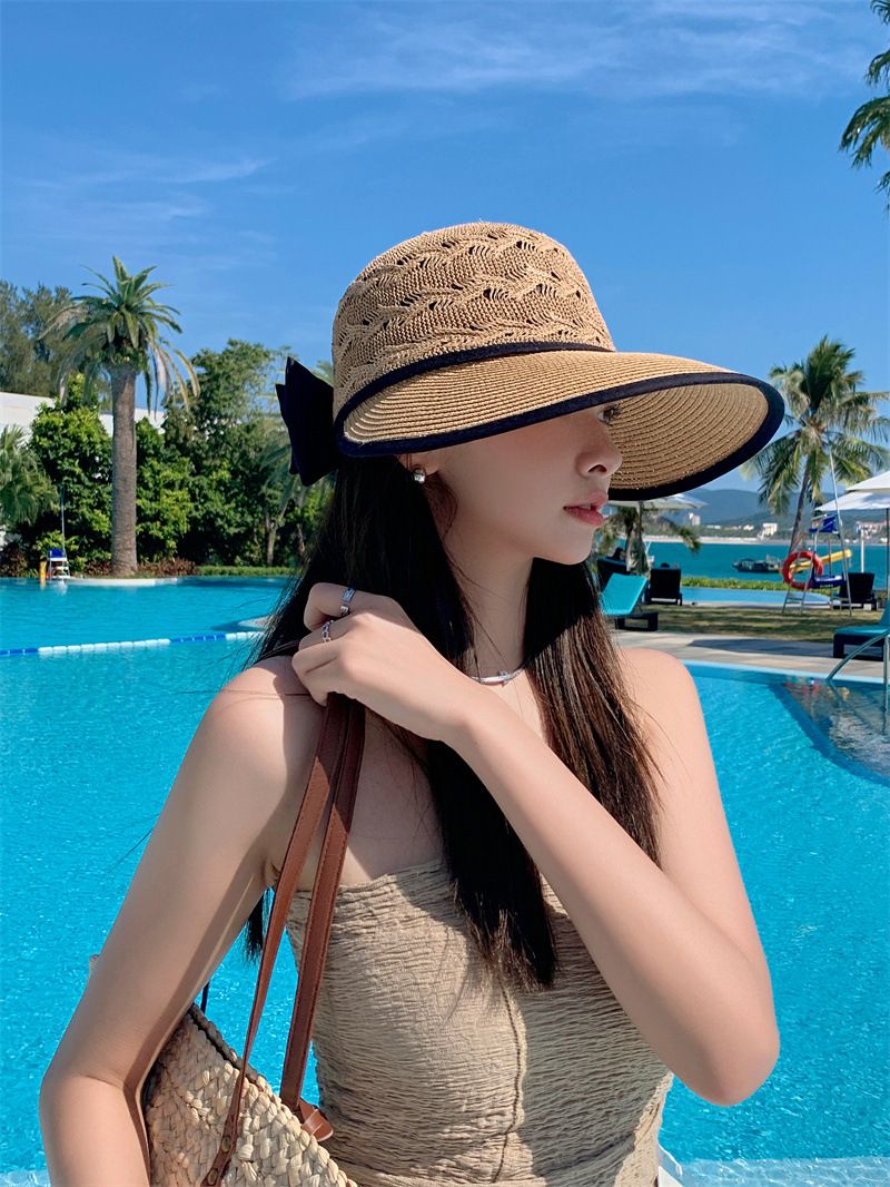 Nuovi arrivi Cappello di paglia con coda di cavallo da donna, visiera a tesa larga, estivo, regolabile, cappelli pieghevoli da spiaggia_voghion.com