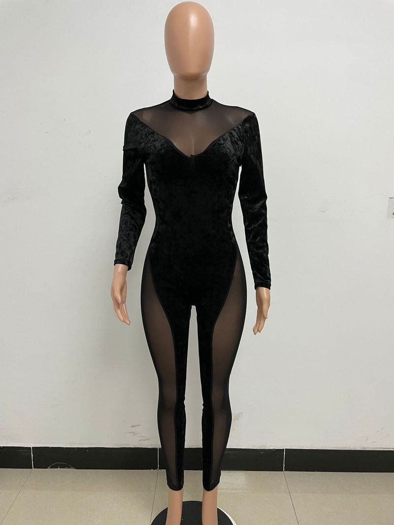 Women's long sleeve mesh stitching see-through jumpsuit_voghion.com