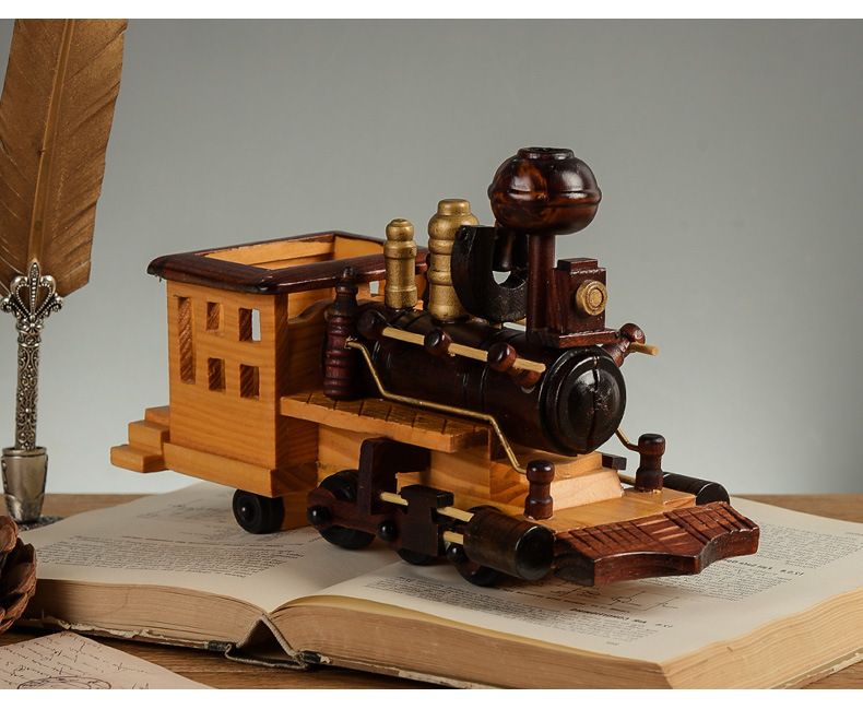 Vintage Wooden Train Model - Handcrafted Desktop Decor For Home & Office (Elegant Retro Style Wooden Sculpture & Unique Gift Idea)_voghion.com