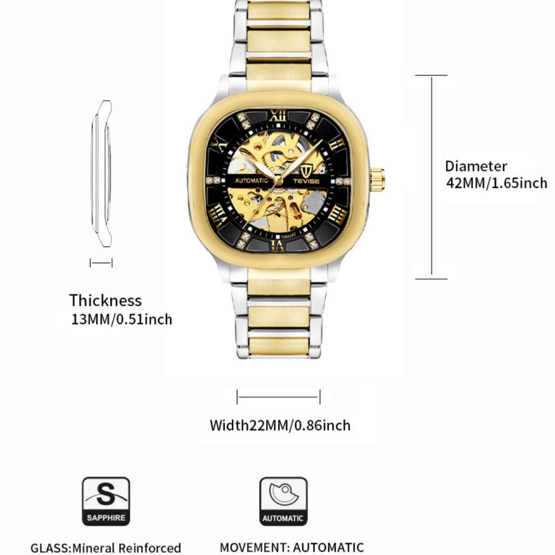 Square Automatic Mechanical Watch Business Watch 30M Waterproof Hollow Skeleton Dial Stainless Steel Mechanical Watch Gifts For Men_voghion.com