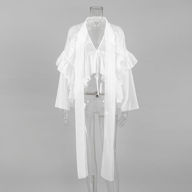 Inspired Spring Tencel Blouse With Flowy Ruffle & Tie Detail - Elegant Loose Fit V-Neck Top For Women_voghion.com