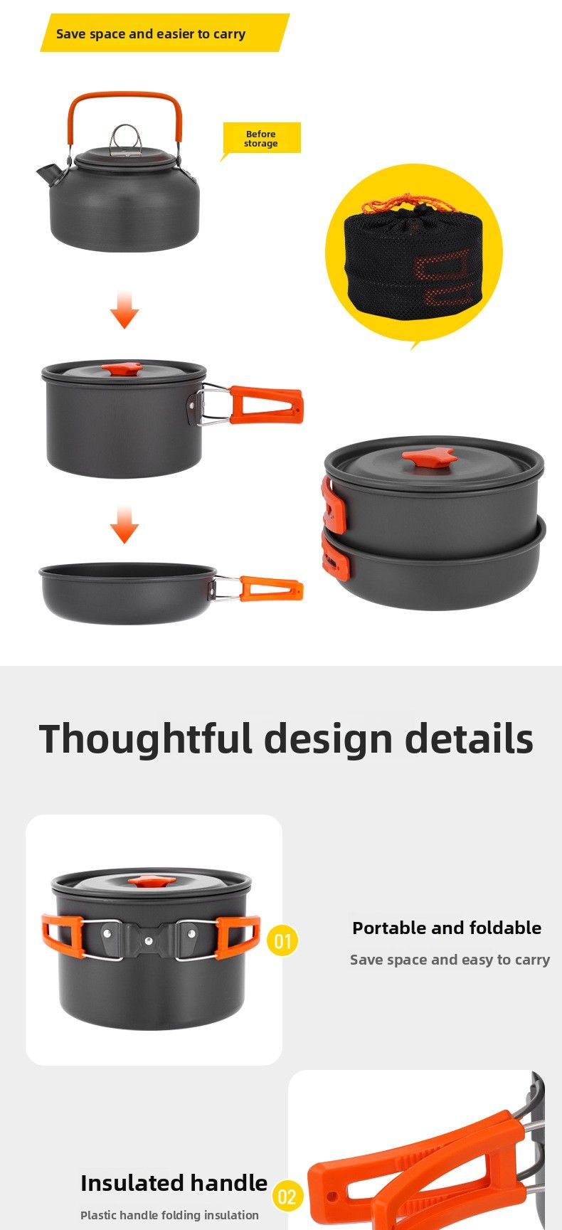Tragbares Camping-Picknick-Teekannen-Kombinationsset für den Außenbereich für 2–3 Personen mit Geschirr DS-308_voghion.com