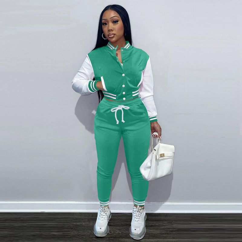 Women's Clothing women's patchwork jacket single breasted baseball suit women's sports two piece set_voghion.com