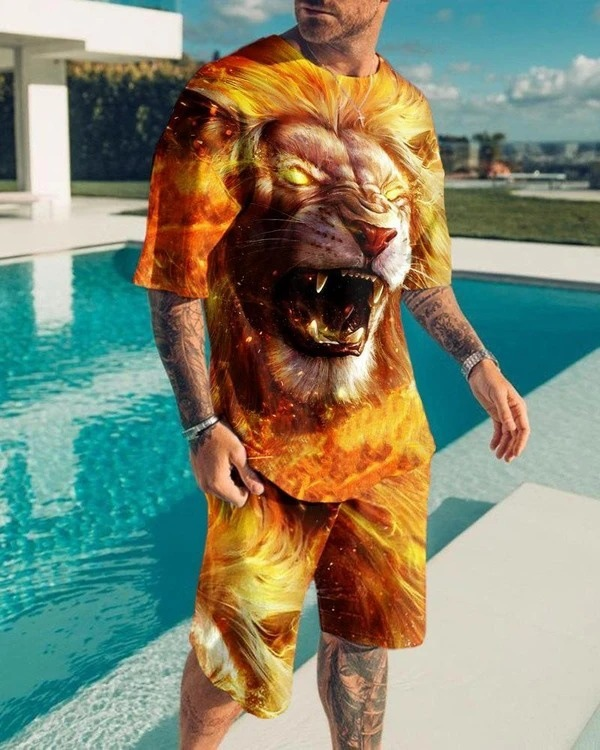 Heren zomer shorts losse casual korte mouwen met kleur blokkering KING bedrukt T-shirt set_voghion.com