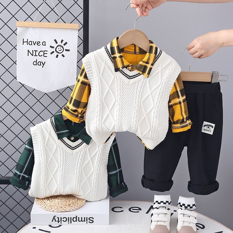 Dětské oblečení 2024 nové podzimní dětské oblečení kostkovaný svetr košile třídílný dětský oblek kalhoty dětské podzimní oblečení_voghion.com