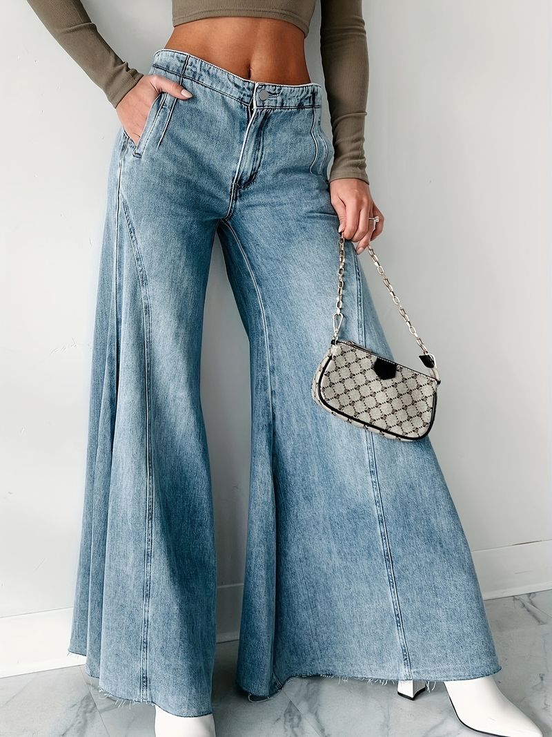 Plus Size Women's Elegant Flared Jeans – Stretch-Free Wide-Leg Denim Pants (XL-5XL, Blue, Minimalist Chic For Office & Weekend)_voghion.com