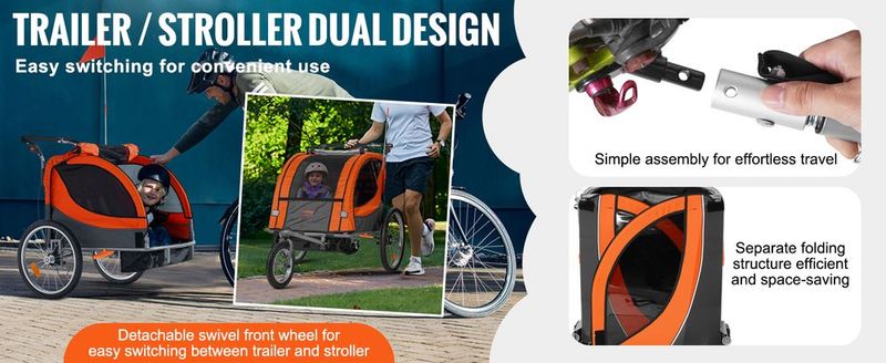 VEVOR Bike Trailer For Toddlers, Kids, Double Seat, 100 Lbs Load, 2-In-1 Canopy Carrier Converts To Stroller, Tow Behind Foldable Child Bicycle Trailer With Universal Bicycle Coupler, Orange And Gray_voghion.com