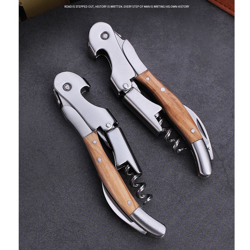 Coltello multifunzionale in legno d'ulivo con cavalluccio marino, apribottiglie per vino rosso, set in pelle_voghion.com