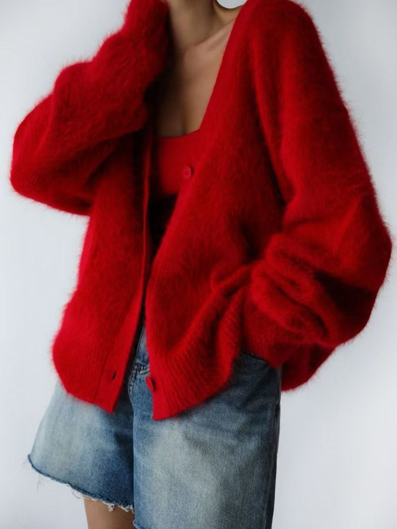 Damenbekleidung Luxuriöser Oversize-Cardigan mit V-Ausschnitt Grobstrickpullovermantel für Damen – Langärmliger Duster aus weicher Nerzmischung mit offener Vorderseite_voghion.com