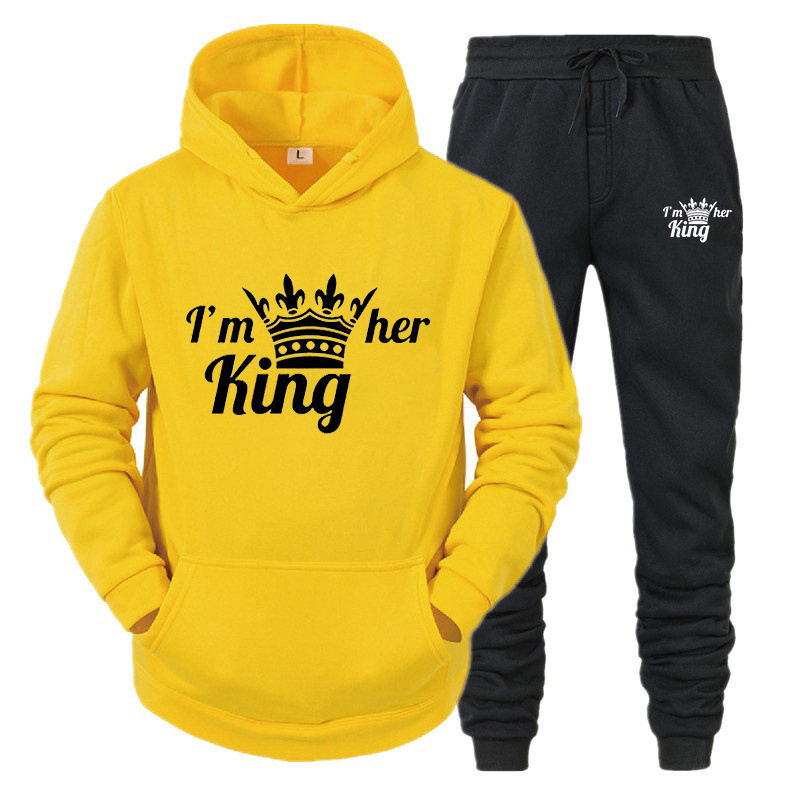 Set da donna con cappuccio KING QUEEN per coppie maschili e femminili, tuta sportiva casual, set di due pezzi_voghion.com