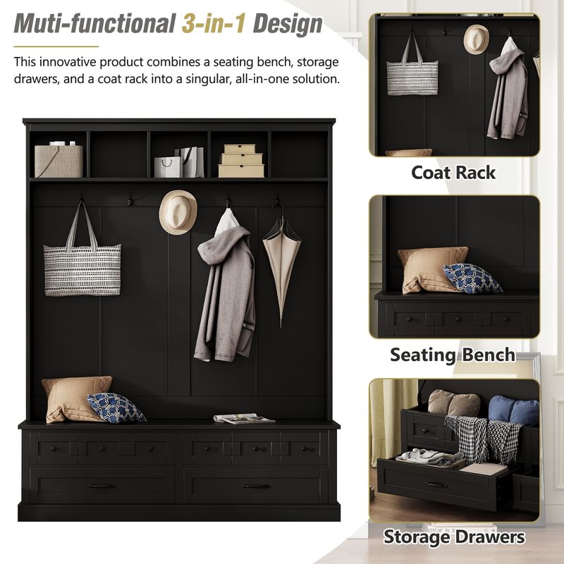 ON-TREND Elegant Wide Hall Tree With 5 Hooks, Versatile Entryway Lift Top Storage Bench With 2 Drawers, Retro Wooden 3-in-1 Coat Rack With Black Handles For Mudroom, Living Room, Black, 59"Wx74"H_voghion.com