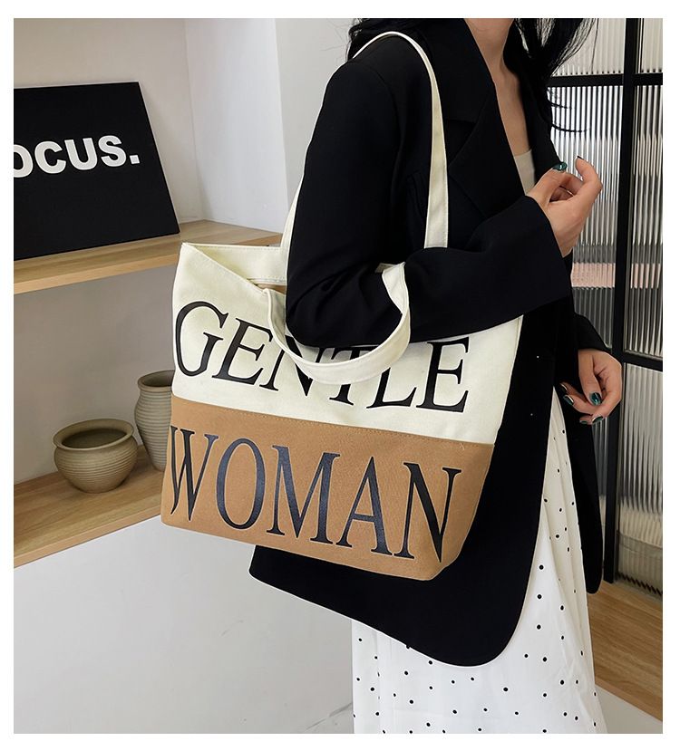 Stor kapacitet Letter Canvas Kvinder 2024 Ny sommer Mommy One Shoulder Tote til at gå ud Håndholdt indkøbstaske_voghion.com