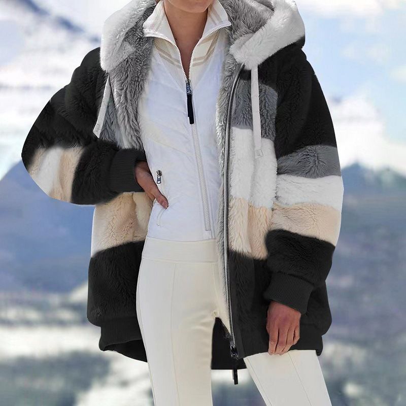 Damenbekleidung Neue Herbst- und Winterjacke mit lockerem Plüsch und mehrfarbiger Kapuze_voghion.com